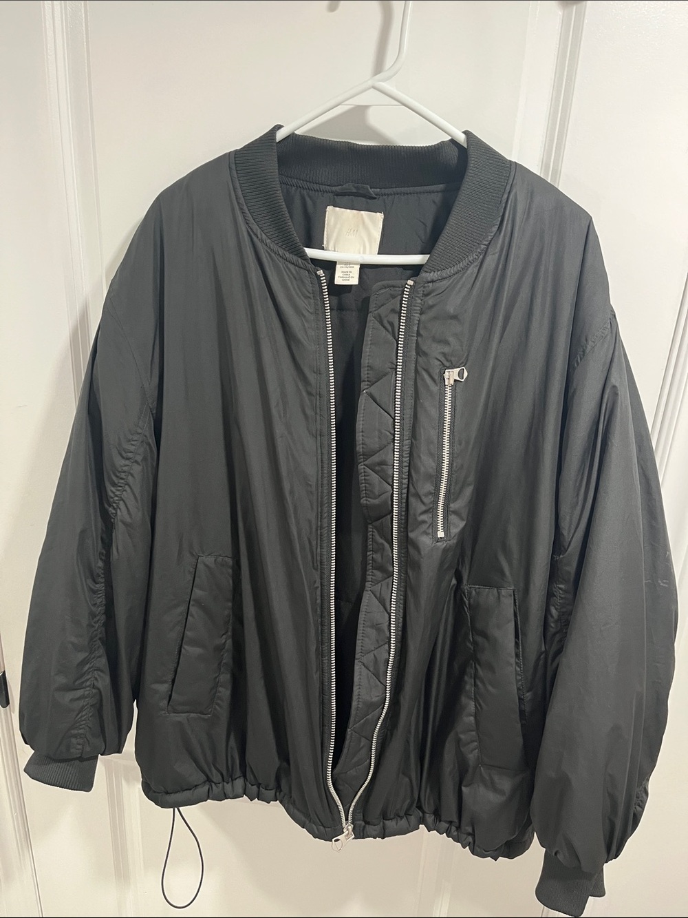 H&M Black Oversized Bomber Jacket with Zip Pocket